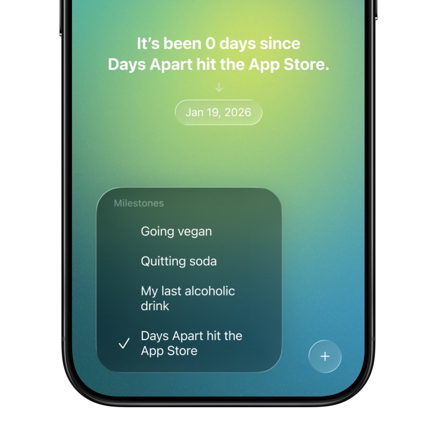 iPhone device showing Days Apart milestone selector